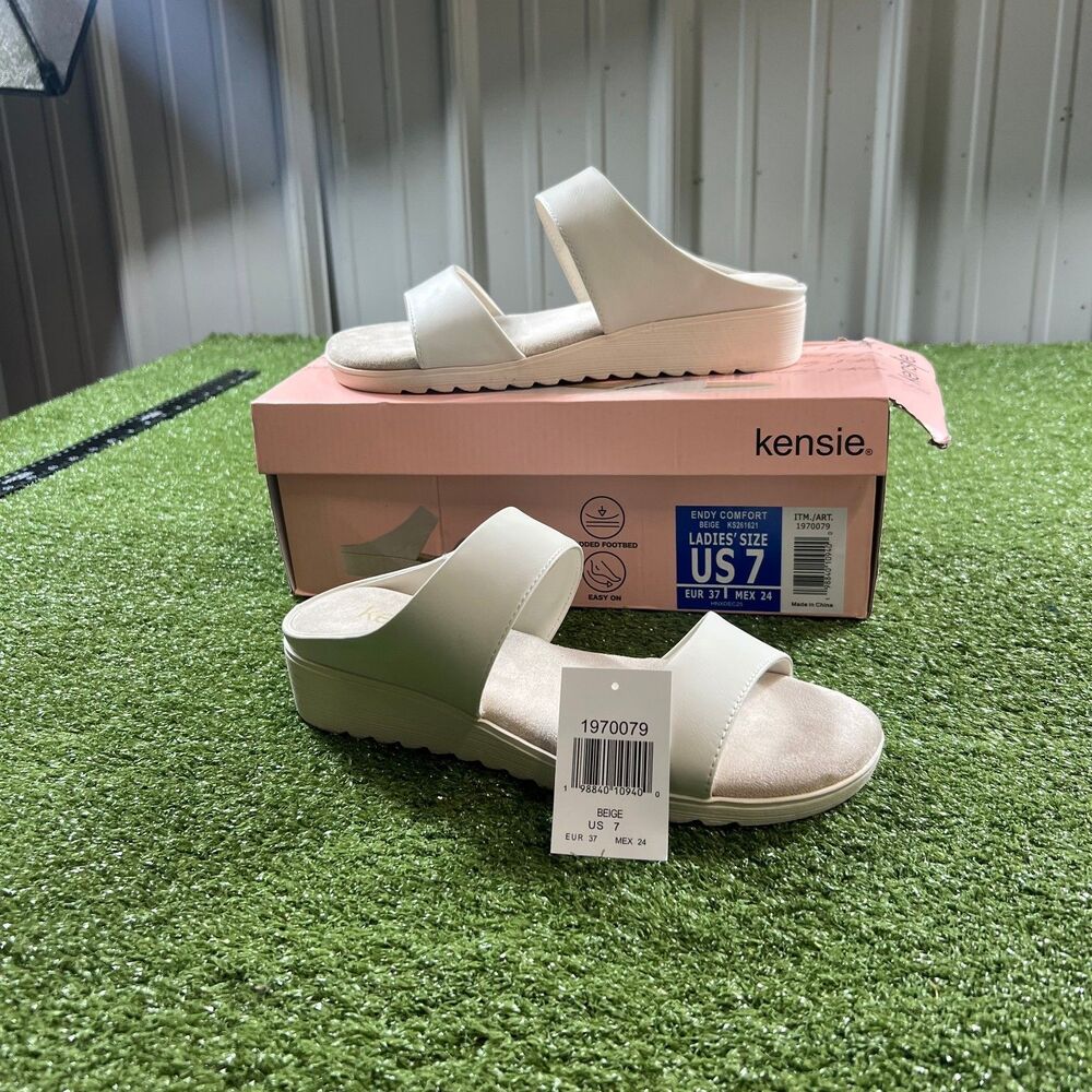 Kensie Endy Comfort Women's US 7 Beige Cream Two Strap Wedge Slide Sandals New